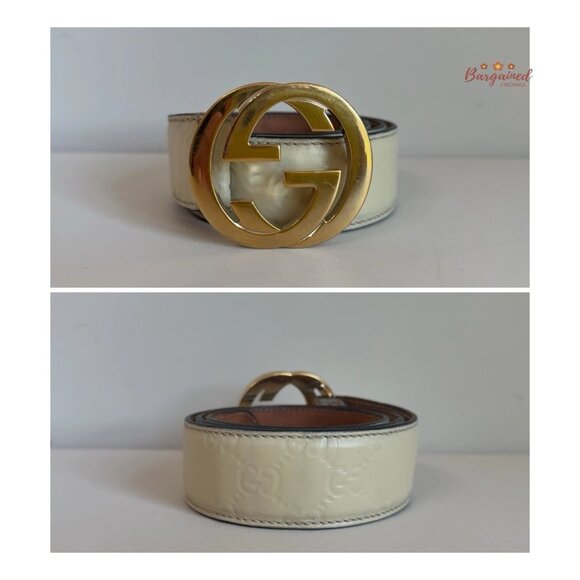 Authentic Gucci Cream Guccissima Leather Gold Interlocking G Buckle Belt 80/32 - Picture 3 of 12